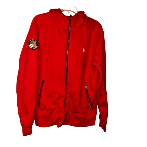 Men Ralph Lauren polo red hooded jacket sweatshirt Large L with arm crest patch - Picture 1 of 5